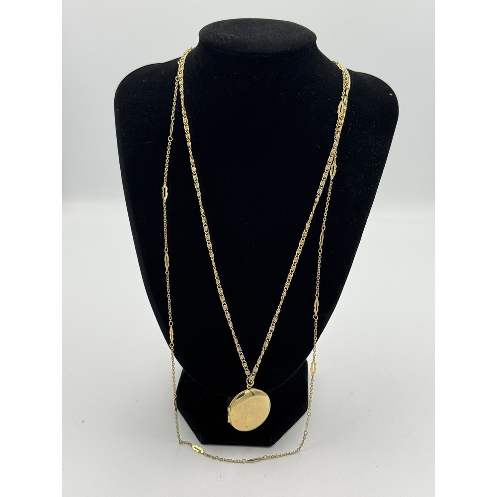 Vintage round Double Strand Locket pendant necklace gold toned